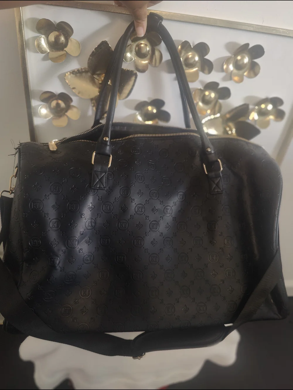 Authentic Ellen Tracy Black Embossed Leather Travel Tote